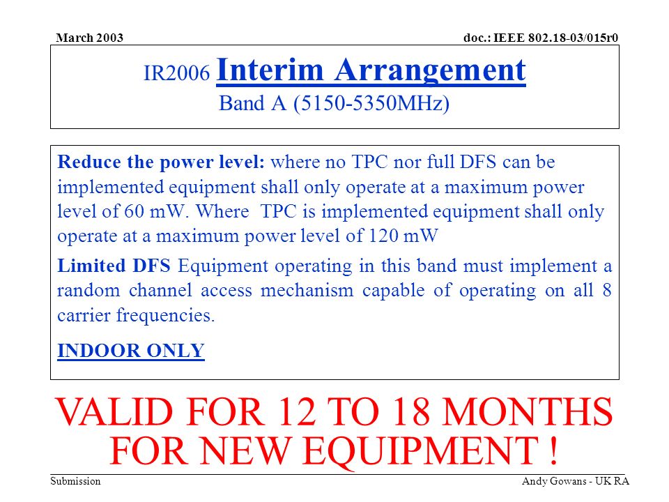 doc.: IEEE /015r0 Submission March 2003 Andy Gowans - UK RA IR2006 Interim Arrangement Band A ( MHz) Reduce the power level: where no TPC nor full DFS can be implemented equipment shall only operate at a maximum power level of 60 mW.