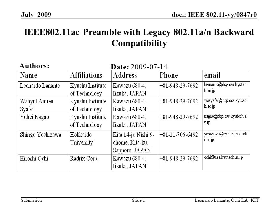 doc.: IEEE yy/0847r0 Submission Slide 1Leonardo Lanante, Ochi Lab, KIT July 2009 IEEE802.11ac Preamble with Legacy a/n Backward Compatibility Date: Authors: