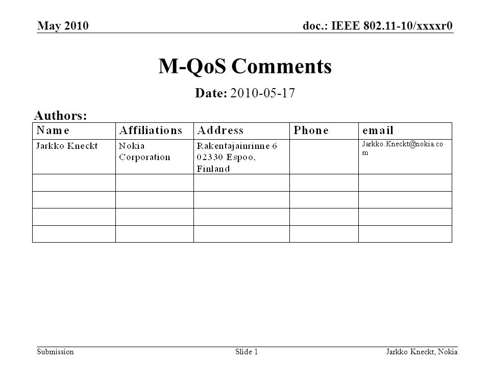 doc.: IEEE /xxxxr0 Submission May 2010 Jarkko Kneckt, NokiaSlide 1 M-QoS Comments Date: Authors: