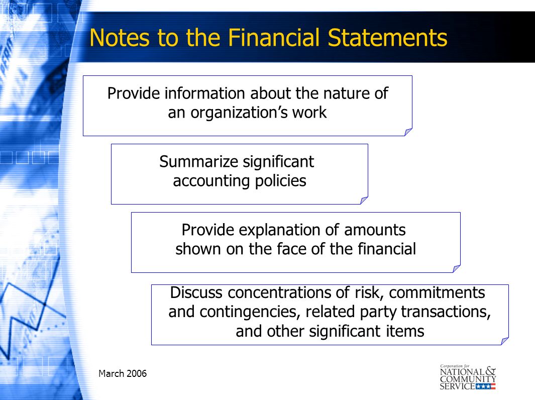 Notes to the Financial Statements Provide information about the nature of an organizations work Summarize significant accounting policies Provide explanation of amounts shown on the face of the financial Discuss concentrations of risk, commitments and contingencies, related party transactions, and other significant items