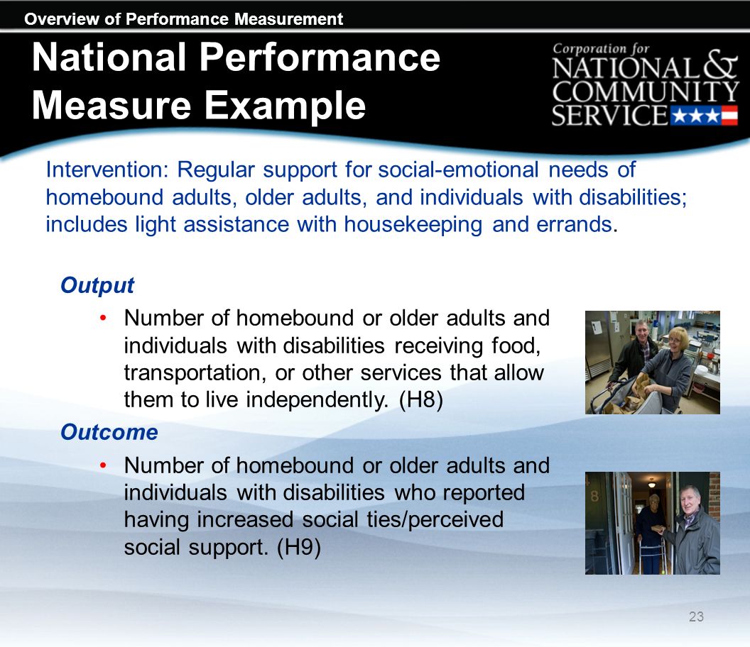 Overview of Performance Measurement National Performance Measure Example Intervention: Regular support for social-emotional needs of homebound adults, older adults, and individuals with disabilities; includes light assistance with housekeeping and errands.