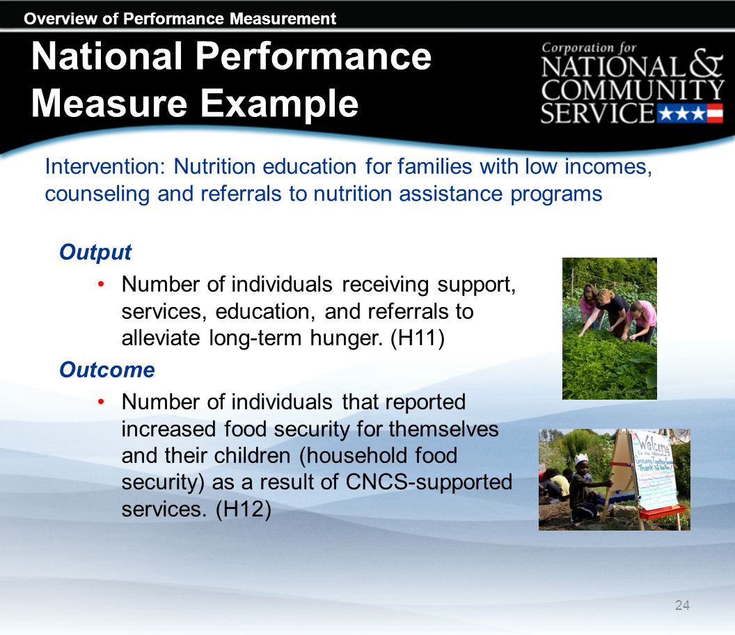 Overview of Performance Measurement National Performance Measure Example Intervention: Nutrition education for families with low incomes, counseling and referrals to nutrition assistance programs 24 Output Number of individuals receiving support, services, education, and referrals to alleviate long-term hunger.