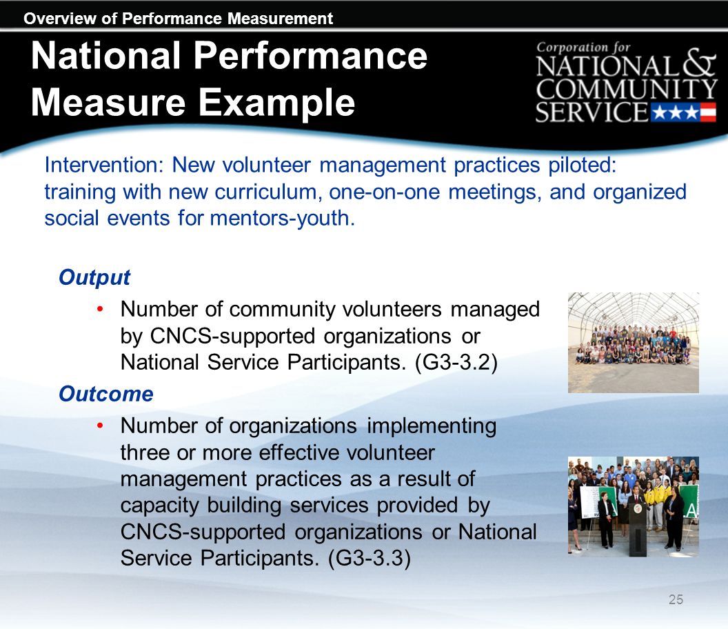 Overview of Performance Measurement National Performance Measure Example Intervention: New volunteer management practices piloted: training with new curriculum, one-on-one meetings, and organized social events for mentors-youth.