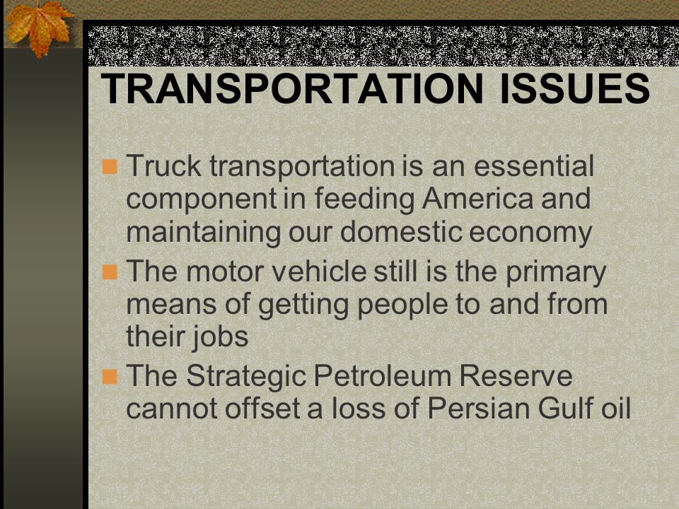 TRANSPORTATION ISSUES Truck transportation is an essential component in feeding America and maintaining our domestic economy The motor vehicle still is the primary means of getting people to and from their jobs The Strategic Petroleum Reserve cannot offset a loss of Persian Gulf oil