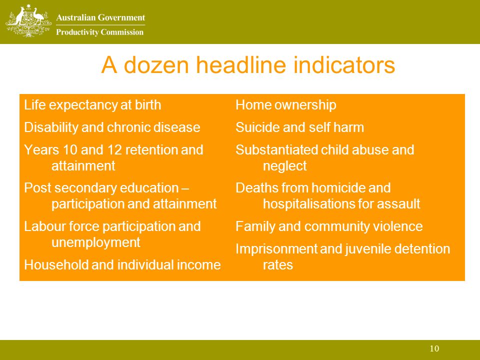 10 A dozen headline indicators Life expectancy at birth Disability and chronic disease Years 10 and 12 retention and attainment Post secondary education – participation and attainment Labour force participation and unemployment Household and individual income Home ownership Suicide and self harm Substantiated child abuse and neglect Deaths from homicide and hospitalisations for assault Family and community violence Imprisonment and juvenile detention rates