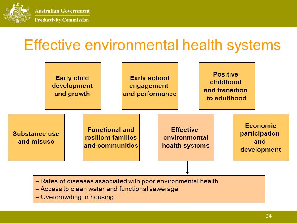 24 Effective environmental health systems Early child development and growth Early school engagement and performance Positive childhood and transition to adulthood Substance use and misuse Functional and resilient families and communities Effective environmental health systems Economic participation and development – Rates of diseases associated with poor environmental health – Access to clean water and functional sewerage – Overcrowding in housing