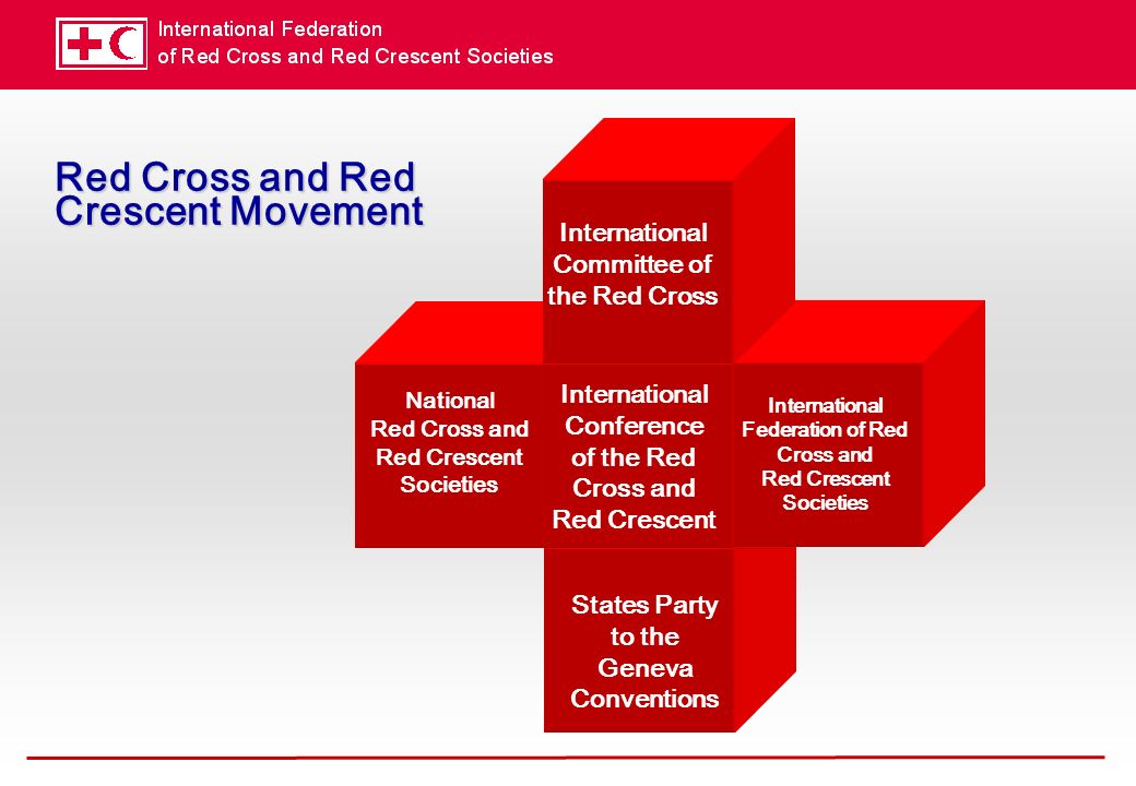 Red Cross and Red Crescent Movement National Red Cross and Red Crescent Societies States Party to the Geneva Conventions International Conference of the Red Cross and Red Crescent International Federation of Red Cross and Red Crescent Societies International Committee of the Red Cross