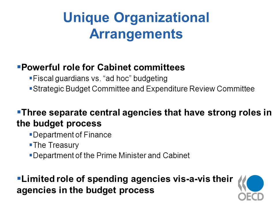 Unique Organizational Arrangements Powerful role for Cabinet committees Fiscal guardians vs.