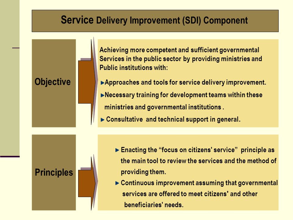 Objective Service Delivery Improvement (SDI) Component Principles Achieving more competent and sufficient governmental Services in the public sector by providing ministries and Public institutions with: Approaches and tools for service delivery improvement.