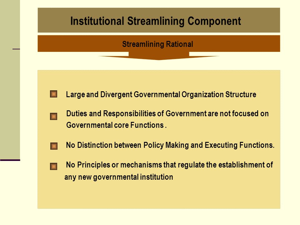 Institutional Streamlining Component Streamlining Rational Large and Divergent Governmental Organization Structure Duties and Responsibilities of Government are not focused on Governmental core Functions.