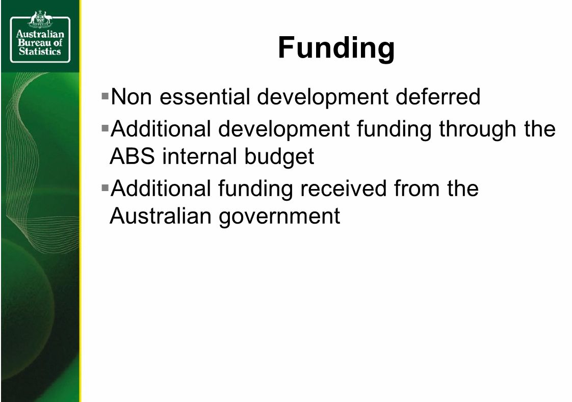 Non essential development deferred Additional development funding through the ABS internal budget Additional funding received from the Australian government Funding