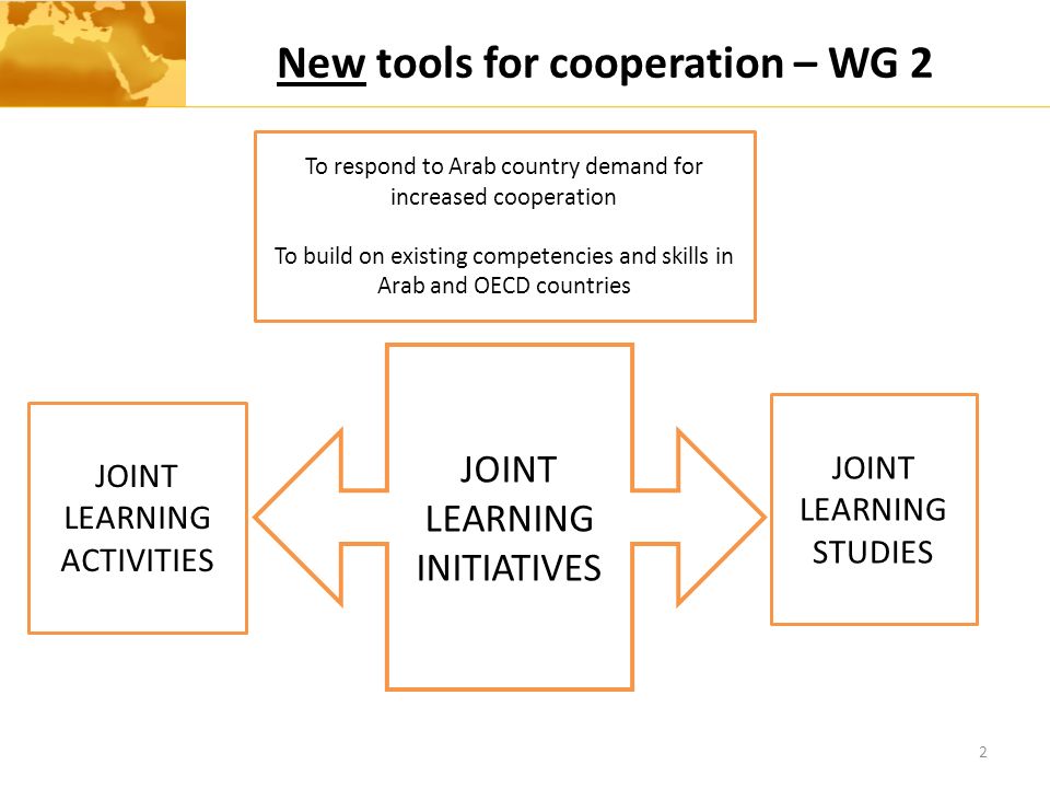 New tools for cooperation – WG 2 2 JOINT LEARNING INITIATIVES To respond to Arab country demand for increased cooperation To build on existing competencies and skills in Arab and OECD countries JOINT LEARNING ACTIVITIES JOINT LEARNING STUDIES