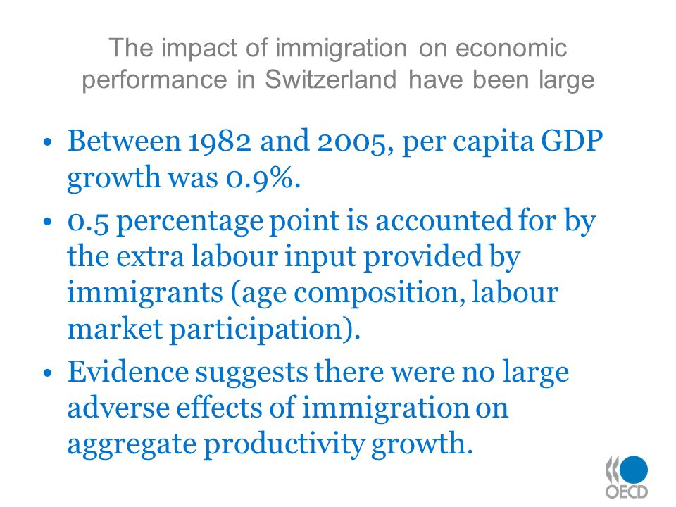 The impact of immigration on economic performance in Switzerland have been large Between 1982 and 2005, per capita GDP growth was 0.9%.