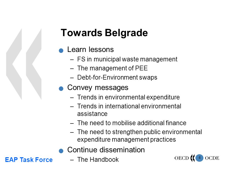 EAP Task Force 4 Towards Belgrade Learn lessons –FS in municipal waste management –The management of PEE –Debt-for-Environment swaps Convey messages –Trends in environmental expenditure –Trends in international environmental assistance –The need to mobilise additional finance –The need to strengthen public environmental expenditure management practices Continue dissemination –The Handbook