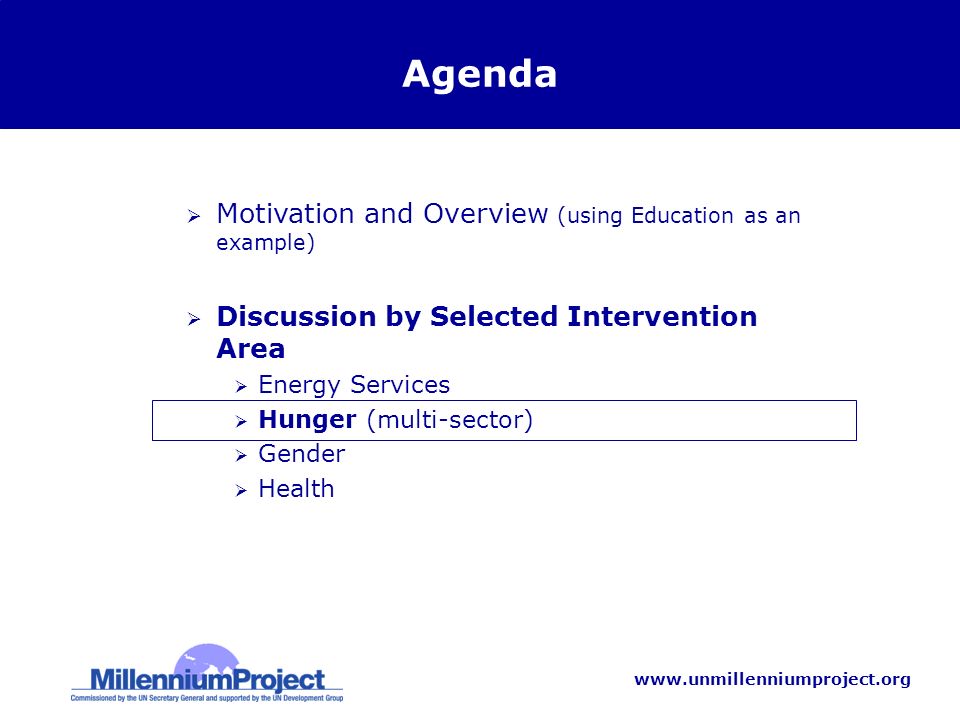 Agenda Motivation and Overview (using Education as an example) Discussion by Selected Intervention Area Energy Services Hunger (multi-sector) Gender Health