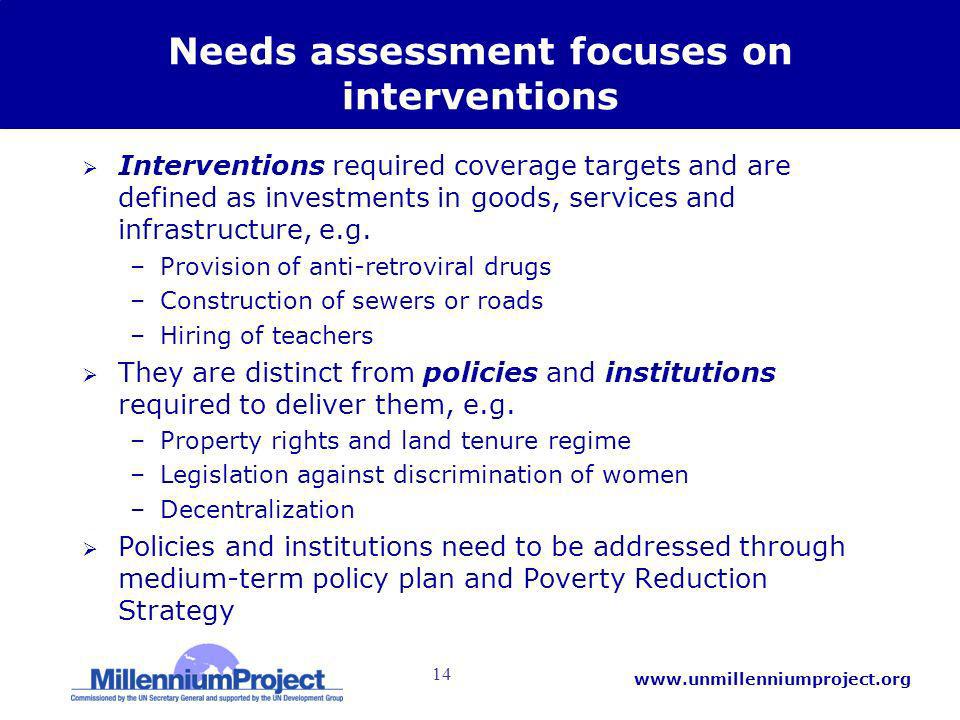 14   Needs assessment focuses on interventions Interventions required coverage targets and are defined as investments in goods, services and infrastructure, e.g.