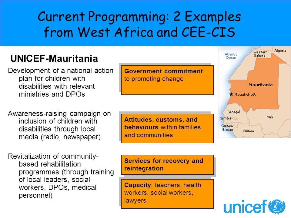 Current Programming: 2 Examples from West Africa and CEE-CIS Attitudes, customs, and behaviours within families and communities UNICEF-Mauritania Government commitment to promoting change Development of a national action plan for children with disabilities with relevant ministries and DPOs Awareness-raising campaign on inclusion of children with disabilities through local media (radio, newspaper) Revitalization of community- based rehabilitation programmes (through training of local leaders, social workers, DPOs, medical personnel) Services for recovery and reintegration Capacity: teachers, health workers, social workers, lawyers