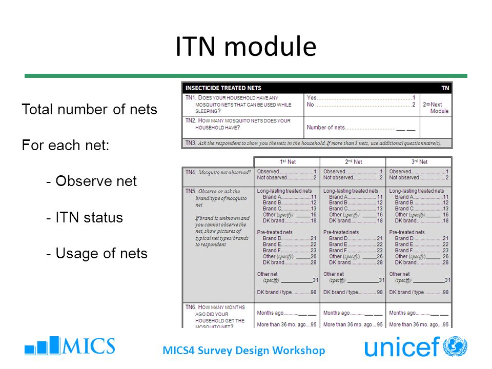ITN module MICS4 Survey Design Workshop Total number of nets For each net: - Observe net - ITN status - Usage of nets