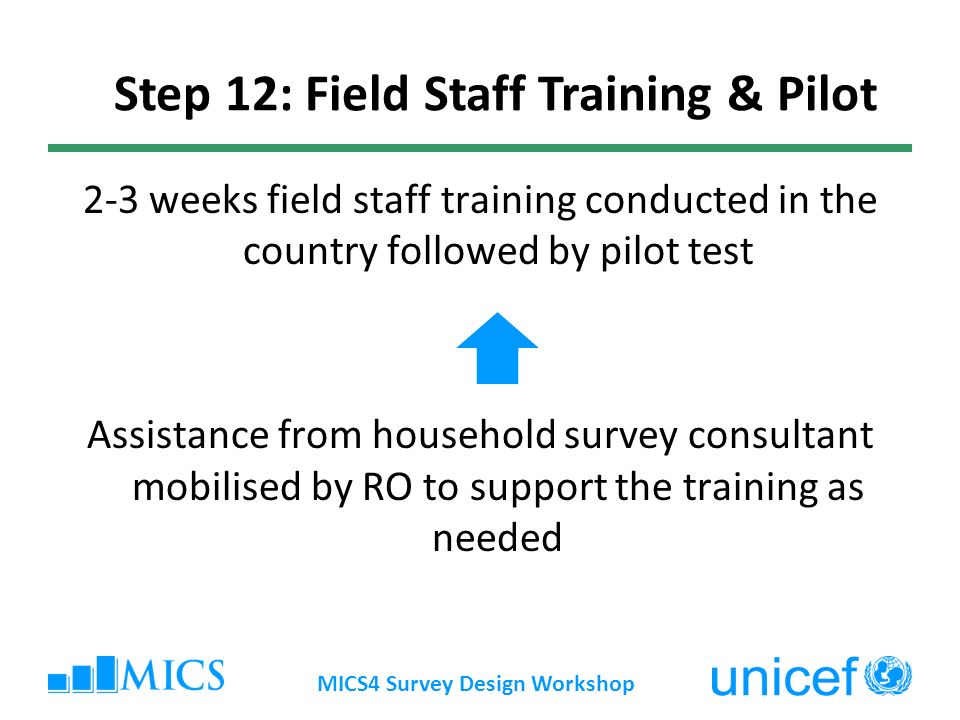2-3 weeks field staff training conducted in the country followed by pilot test Assistance from household survey consultant mobilised by RO to support the training as needed MICS4 Survey Design Workshop Step 12: Field Staff Training & Pilot