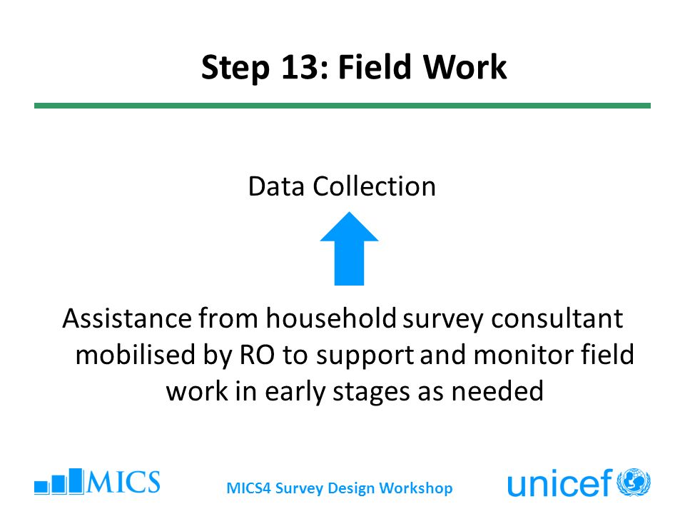 Data Collection Assistance from household survey consultant mobilised by RO to support and monitor field work in early stages as needed MICS4 Survey Design Workshop Step 13: Field Work