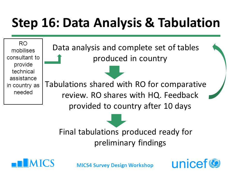 Data analysis and complete set of tables produced in country Tabulations shared with RO for comparative review.