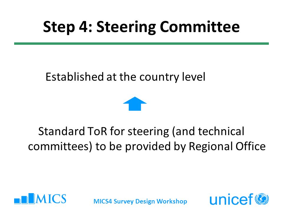 Step 4: Steering Committee Established at the country level Standard ToR for steering (and technical committees) to be provided by Regional Office MICS4 Survey Design Workshop