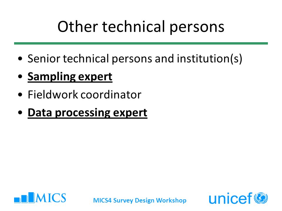 MICS4 Survey Design Workshop Other technical persons Senior technical persons and institution(s) Sampling expert Fieldwork coordinator Data processing expert