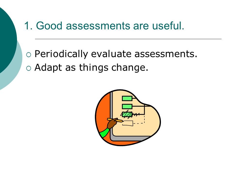 1. Good assessments are useful. Periodically evaluate assessments. Adapt as things change.