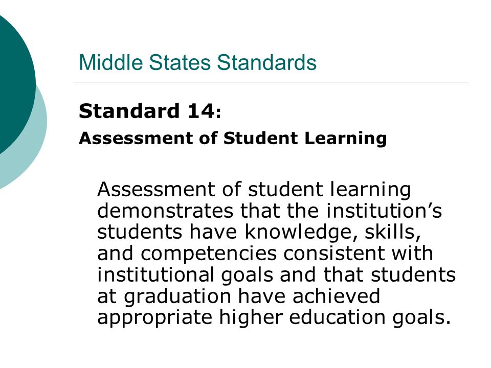 Middle States Standards Standard 14 : Assessment of Student Learning Assessment of student learning demonstrates that the institutions students have knowledge, skills, and competencies consistent with institutional goals and that students at graduation have achieved appropriate higher education goals.