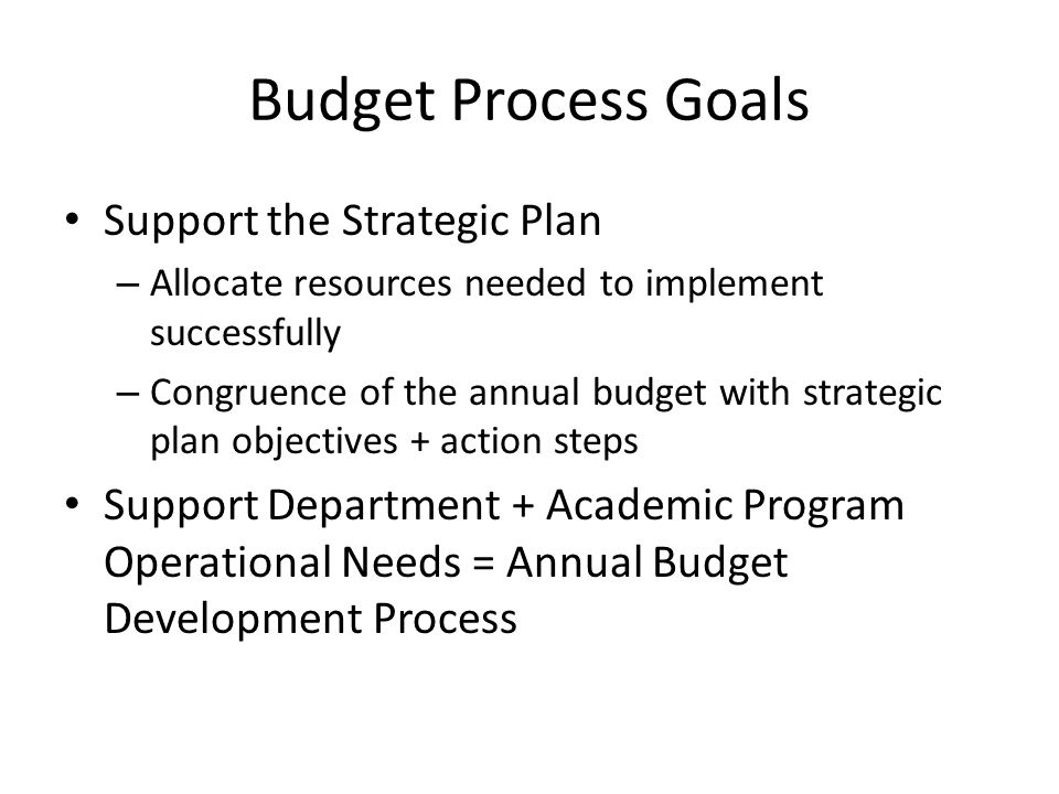 Budget Process Goals Support the Strategic Plan – Allocate resources needed to implement successfully – Congruence of the annual budget with strategic plan objectives + action steps Support Department + Academic Program Operational Needs = Annual Budget Development Process