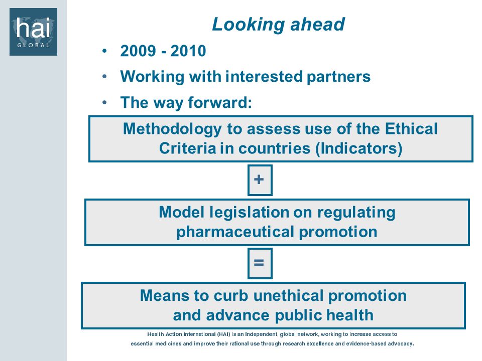 Working with interested partners The way forward: Looking ahead Methodology to assess use of the Ethical Criteria in countries (Indicators) + Model legislation on regulating pharmaceutical promotion = Means to curb unethical promotion and advance public health
