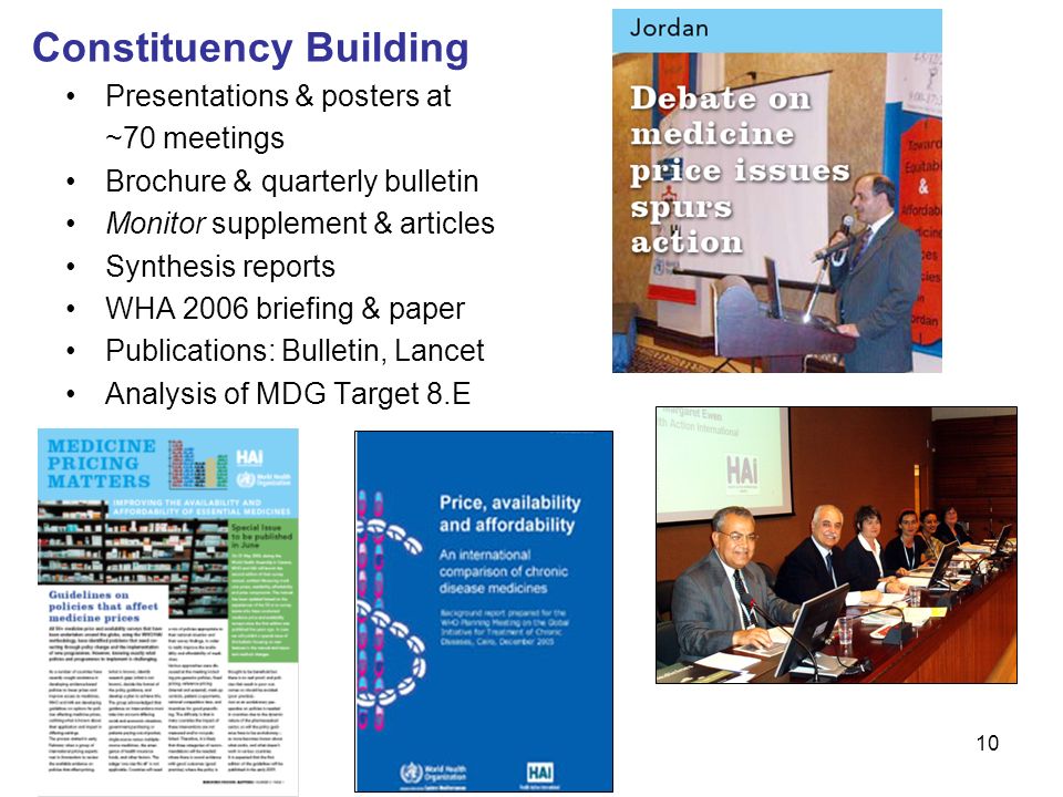 10 Constituency Building Presentations & posters at ~70 meetings Brochure & quarterly bulletin Monitor supplement & articles Synthesis reports WHA 2006 briefing & paper Publications: Bulletin, Lancet Analysis of MDG Target 8.E