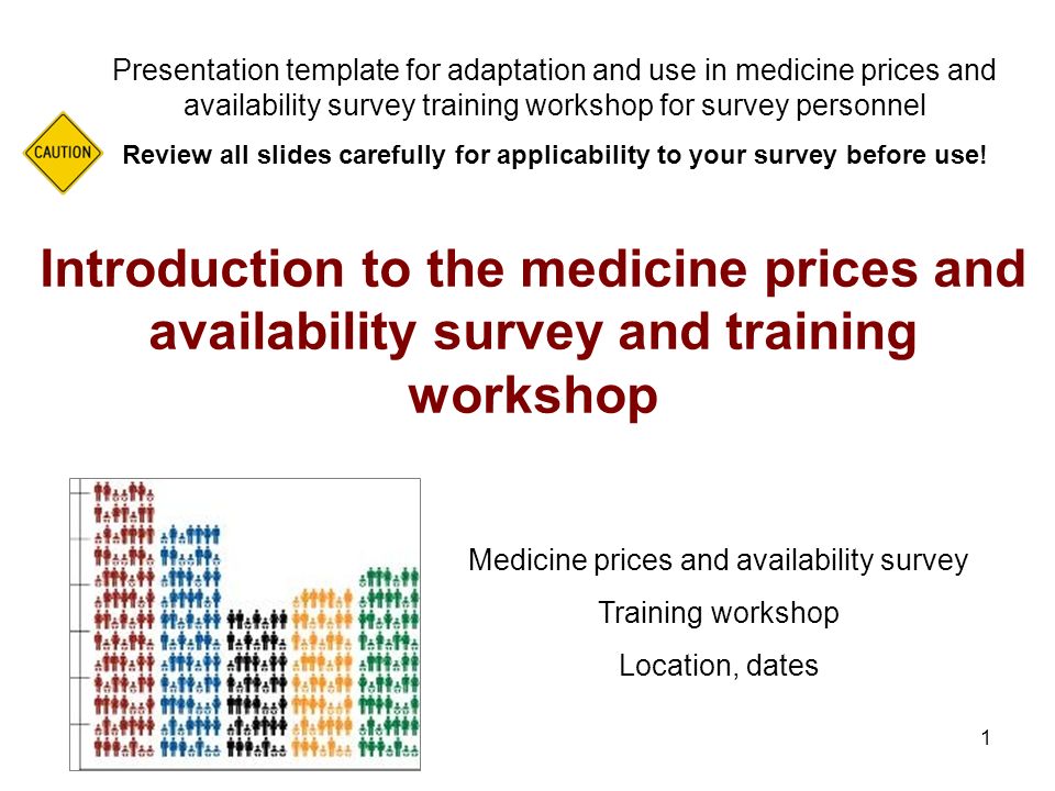 1 Introduction to the medicine prices and availability survey and training workshop Presentation template for adaptation and use in medicine prices and availability survey training workshop for survey personnel Review all slides carefully for applicability to your survey before use.