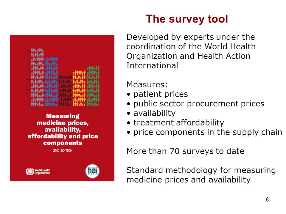 6 Developed by experts under the coordination of the World Health Organization and Health Action International Measures: patient prices public sector procurement prices availability treatment affordability price components in the supply chain More than 70 surveys to date Standard methodology for measuring medicine prices and availability The survey tool
