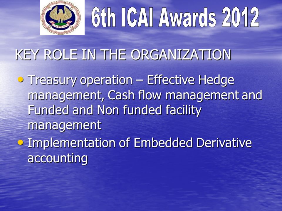 KEY ROLE IN THE ORGANIZATION Treasury operation – Effective Hedge management, Cash flow management and Funded and Non funded facility management Treasury operation – Effective Hedge management, Cash flow management and Funded and Non funded facility management Implementation of Embedded Derivative accounting Implementation of Embedded Derivative accounting