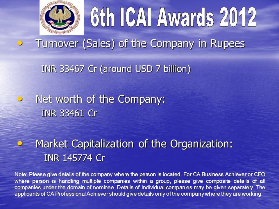 Turnover (Sales) of the Company in Rupees Turnover (Sales) of the Company in Rupees INR Cr (around USD 7 billion) Net worth of the Company: Net worth of the Company: INR Cr Market Capitalization of the Organization: Market Capitalization of the Organization: INR Cr INR Cr Note: Please give details of the company where the person is located.