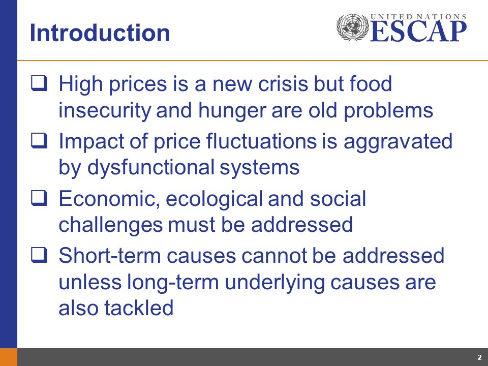 2 Introduction High prices is a new crisis but food insecurity and hunger are old problems Impact of price fluctuations is aggravated by dysfunctional systems Economic, ecological and social challenges must be addressed Short-term causes cannot be addressed unless long-term underlying causes are also tackled