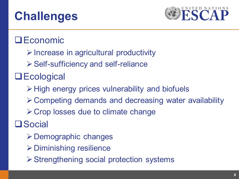 8 Challenges Economic Increase in agricultural productivity Self-sufficiency and self-reliance Ecological High energy prices vulnerability and biofuels Competing demands and decreasing water availability Crop losses due to climate change Social Demographic changes Diminishing resilience Strengthening social protection systems