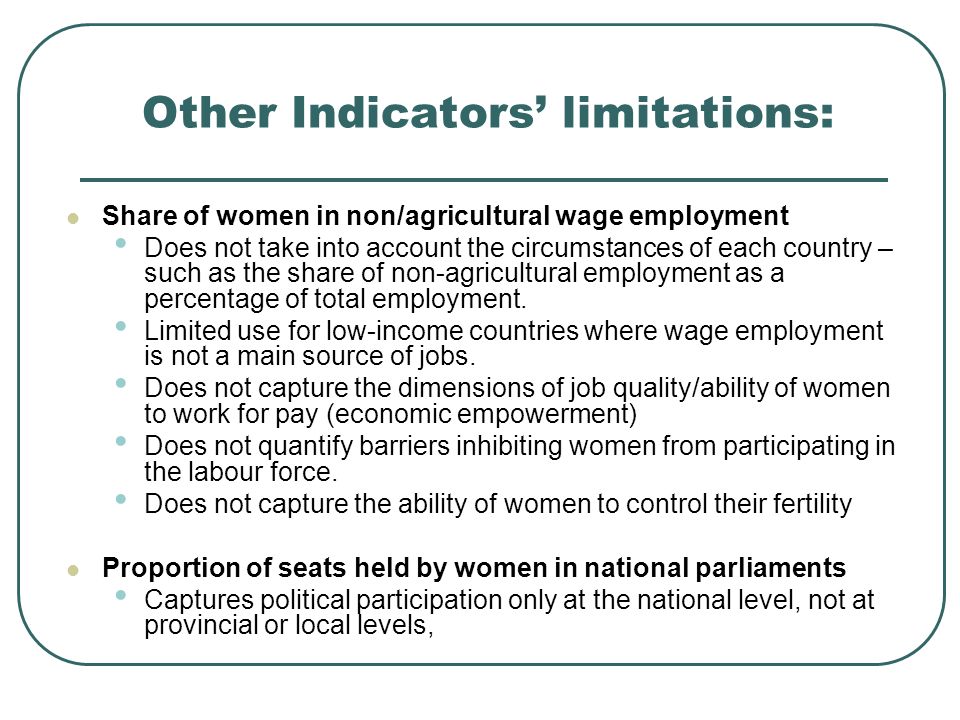 Other Indicators limitations: Share of women in non/agricultural wage employment Does not take into account the circumstances of each country – such as the share of non-agricultural employment as a percentage of total employment.