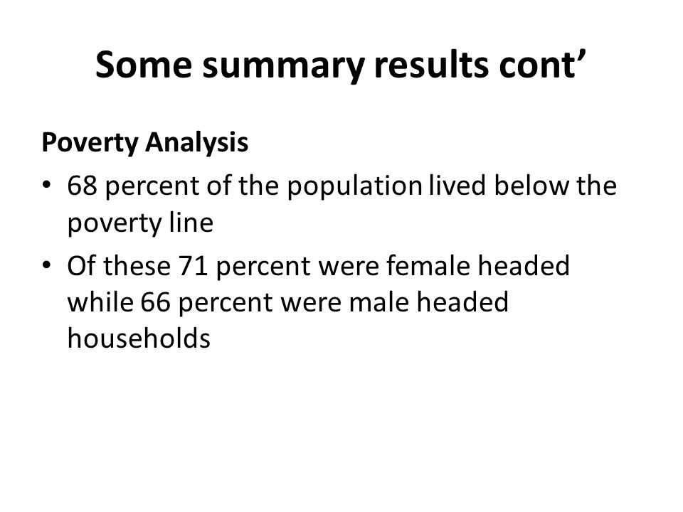 Some summary results cont Poverty Analysis 68 percent of the population lived below the poverty line Of these 71 percent were female headed while 66 percent were male headed households