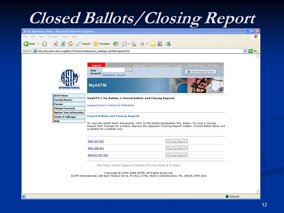 12 Closed Ballots/Closing Report