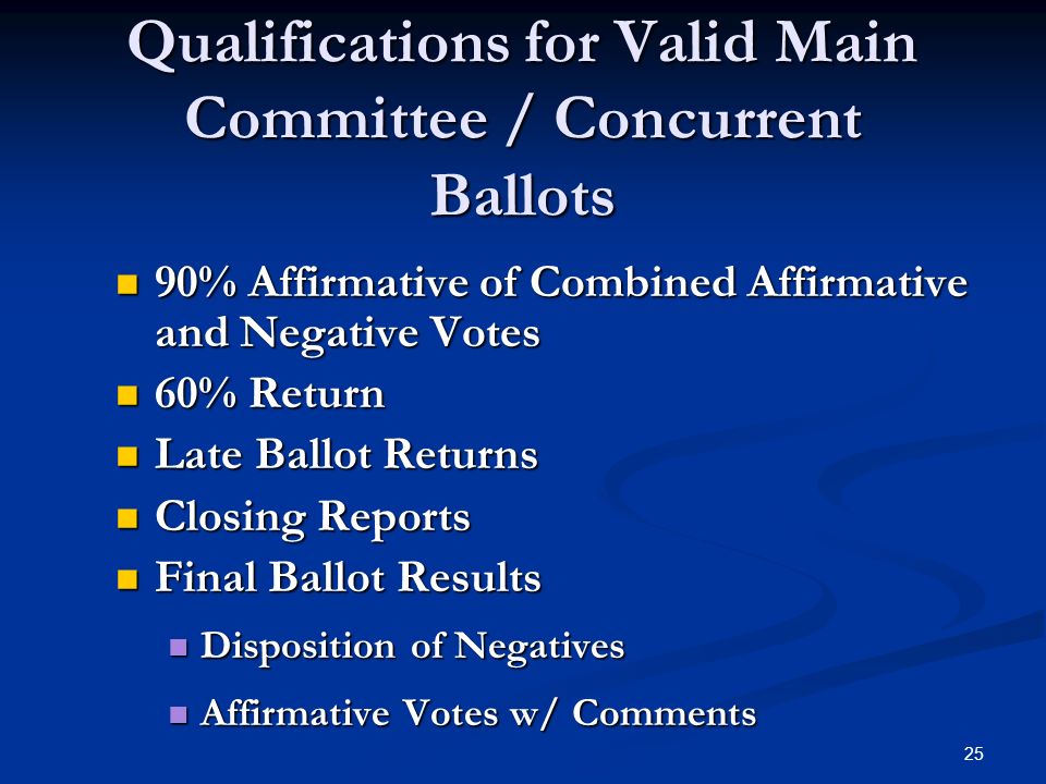 25 Qualifications for Valid Main Committee / Concurrent Ballots 90% Affirmative of Combined Affirmative and Negative Votes 90% Affirmative of Combined Affirmative and Negative Votes 60% Return 60% Return Late Ballot Returns Late Ballot Returns Closing Reports Closing Reports Final Ballot Results Final Ballot Results Disposition of Negatives Disposition of Negatives Affirmative Votes w/ Comments Affirmative Votes w/ Comments
