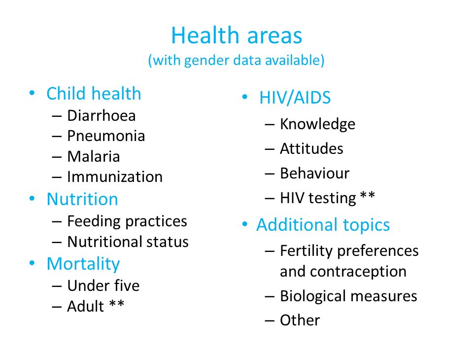 Health areas (with gender data available) Child health – Diarrhoea – Pneumonia – Malaria – Immunization Nutrition – Feeding practices – Nutritional status Mortality – Under five – Adult ** HIV/AIDS – Knowledge – Attitudes – Behaviour – HIV testing ** Additional topics – Fertility preferences and contraception – Biological measures – Other