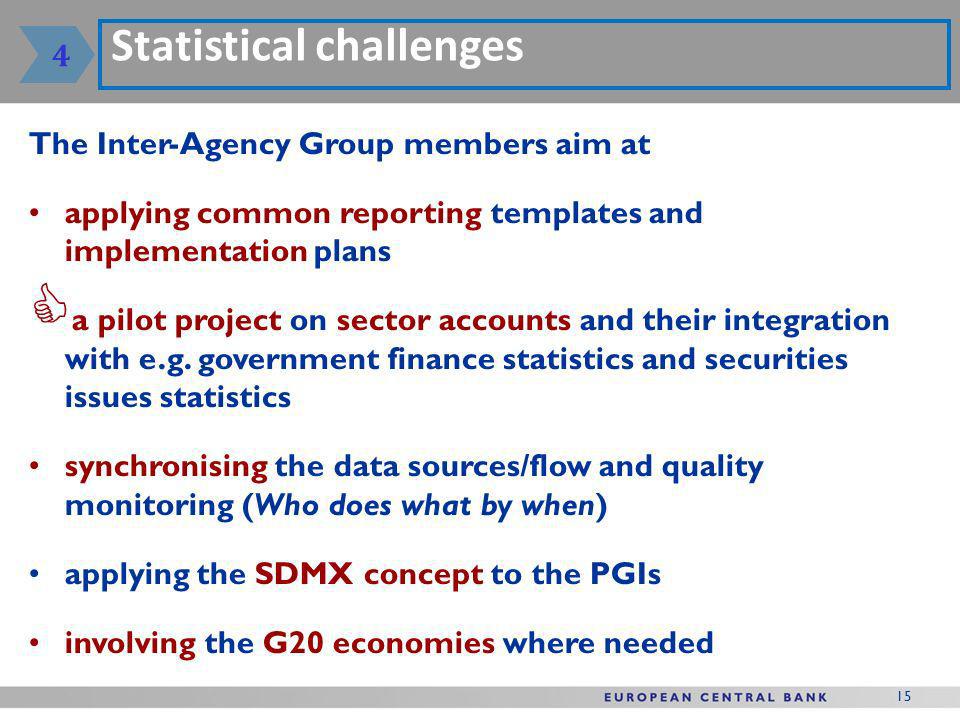 15 Statistical challenges The Inter-Agency Group members aim at applying common reporting templates and implementation plans a pilot project on sector accounts and their integration with e.g.