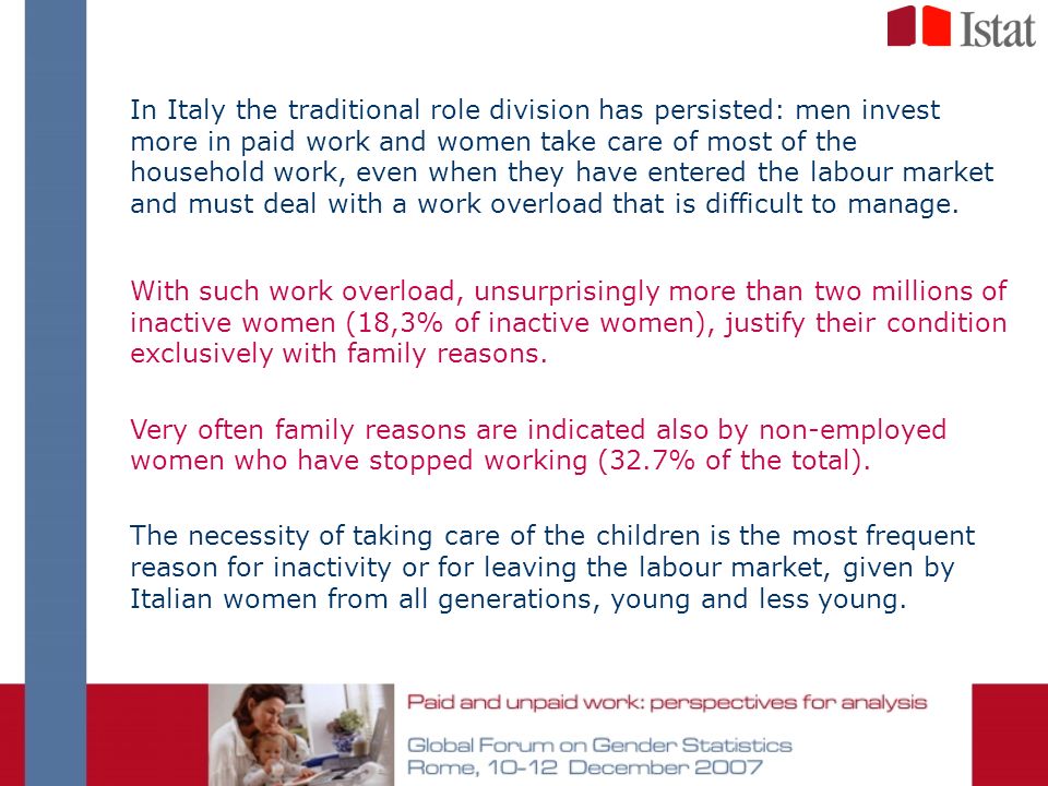 In Italy the traditional role division has persisted: men invest more in paid work and women take care of most of the household work, even when they have entered the labour market and must deal with a work overload that is difficult to manage.