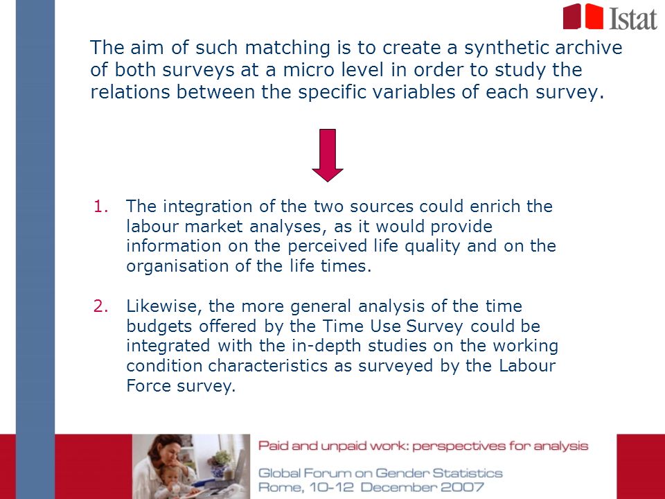 The aim of such matching is to create a synthetic archive of both surveys at a micro level in order to study the relations between the specific variables of each survey.