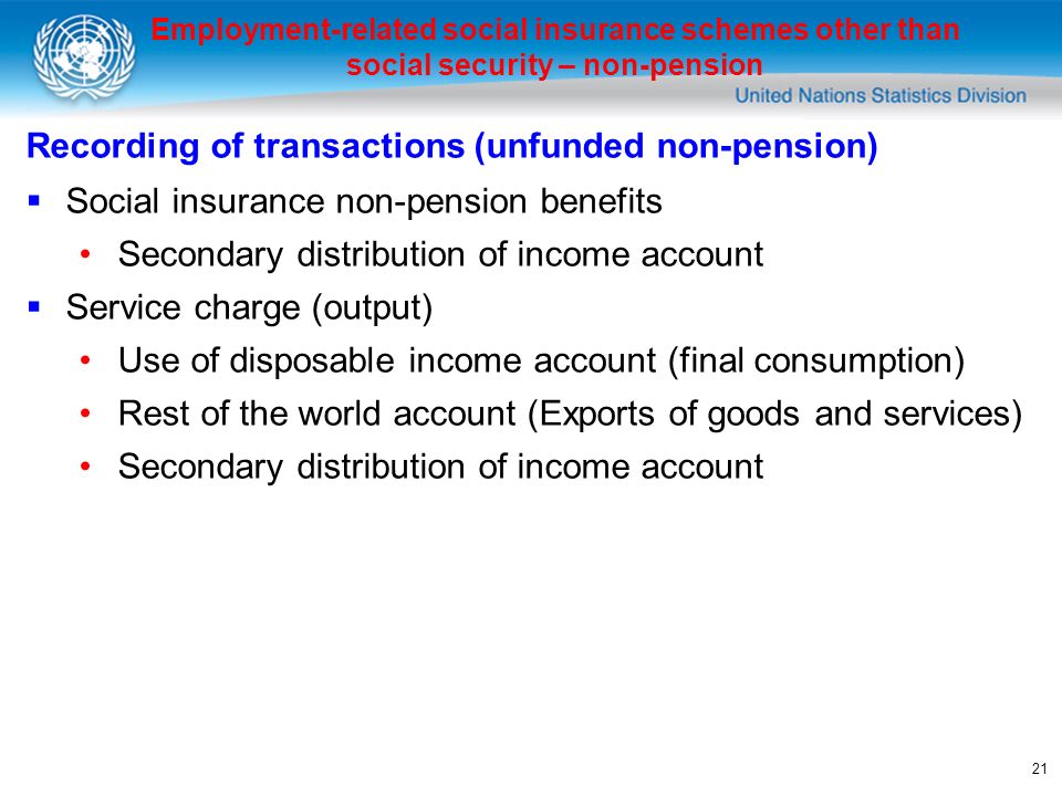 21 Employment-related social insurance schemes other than social security – non-pension Recording of transactions (unfunded non-pension) Social insurance non-pension benefits Secondary distribution of income account Service charge (output) Use of disposable income account (final consumption) Rest of the world account (Exports of goods and services) Secondary distribution of income account