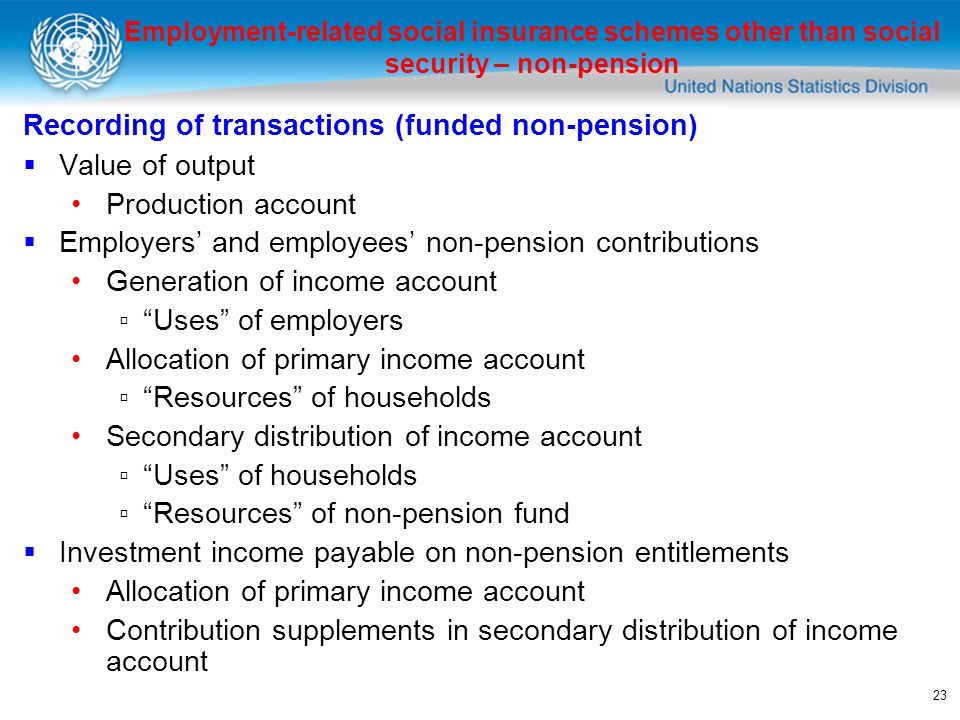 23 Recording of transactions (funded non-pension) Value of output Production account Employers and employees non-pension contributions Generation of income account Uses of employers Allocation of primary income account Resources of households Secondary distribution of income account Uses of households Resources of non-pension fund Investment income payable on non-pension entitlements Allocation of primary income account Contribution supplements in secondary distribution of income account Employment-related social insurance schemes other than social security – non-pension