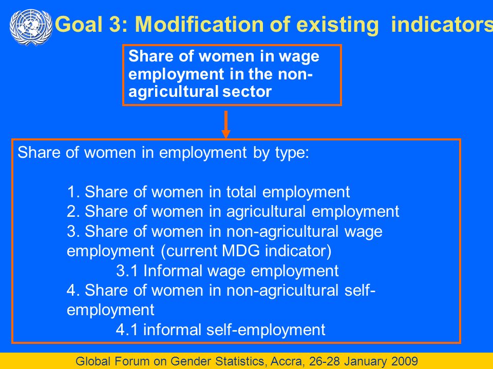 Global Forum on Gender Statistics, Accra, January 2009 Goal 3: Modification of existing indicators Share of women in wage employment in the non- agricultural sector Share of women in employment by type: 1.
