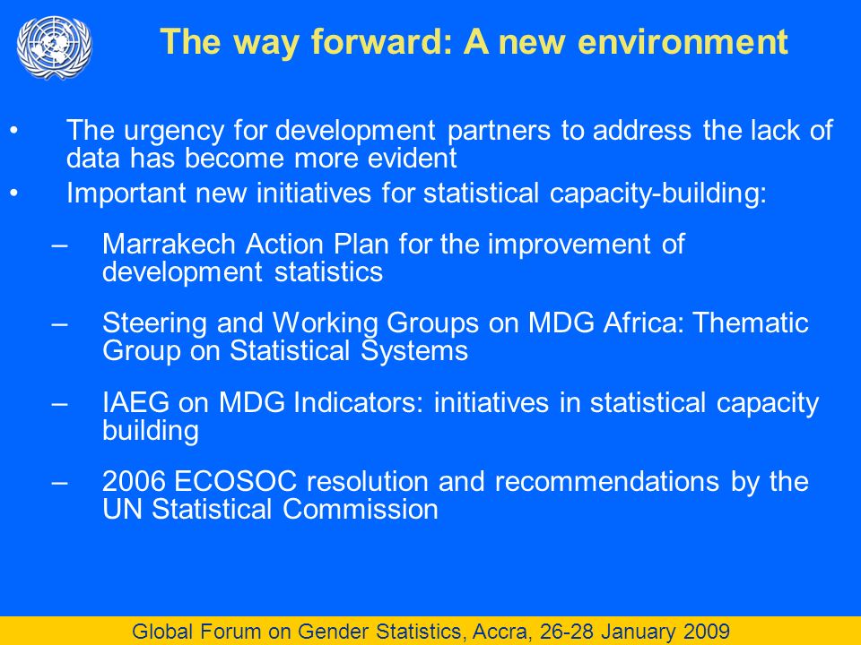 Global Forum on Gender Statistics, Accra, January 2009 The urgency for development partners to address the lack of data has become more evident Important new initiatives for statistical capacity-building: –Marrakech Action Plan for the improvement of development statistics –Steering and Working Groups on MDG Africa: Thematic Group on Statistical Systems –IAEG on MDG Indicators: initiatives in statistical capacity building –2006 ECOSOC resolution and recommendations by the UN Statistical Commission The way forward: A new environment